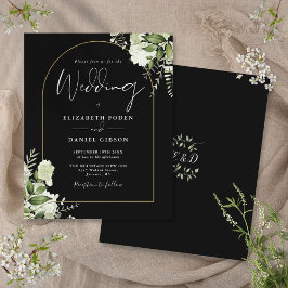 Lámina Invitación de boda con arco floral negro y dorado 