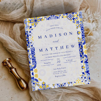Lámina Invitación de boda con baldosas mediterráneas azul