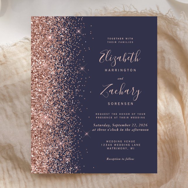 Lámina Invitación de boda con brillo de oro rosa azul osc (Subido por el creador)