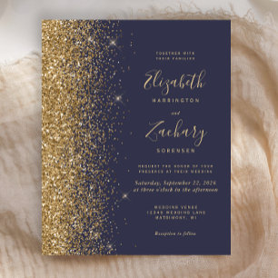 Lámina Invitación de boda con brillo dorado azul oscuro p
