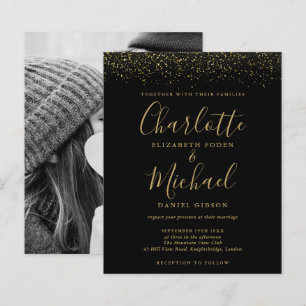 Lámina Invitación de boda con brillo dorado negro económi