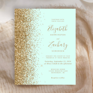 Lámina Invitación de boda con brillo dorado y verde menta