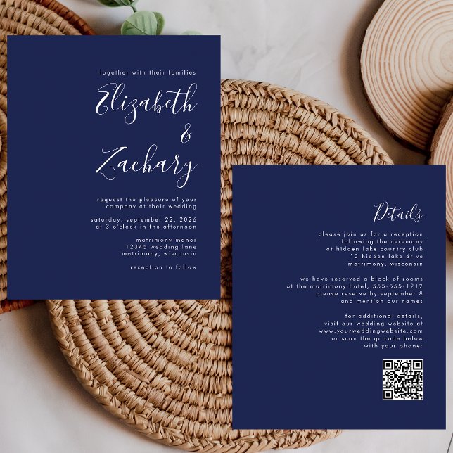 Lámina Invitación de boda con código QR azul marino de pr (Subido por el creador)