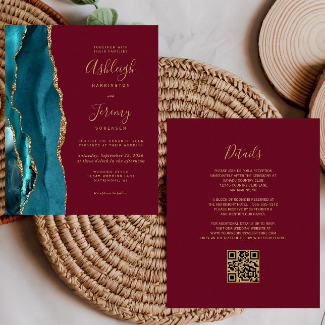 Lámina Invitación de boda con código QR Burgundy Gold Tea (Subido por el creador)