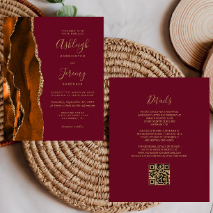 Lámina Invitación de boda con código QR Burgundy Rust Gol