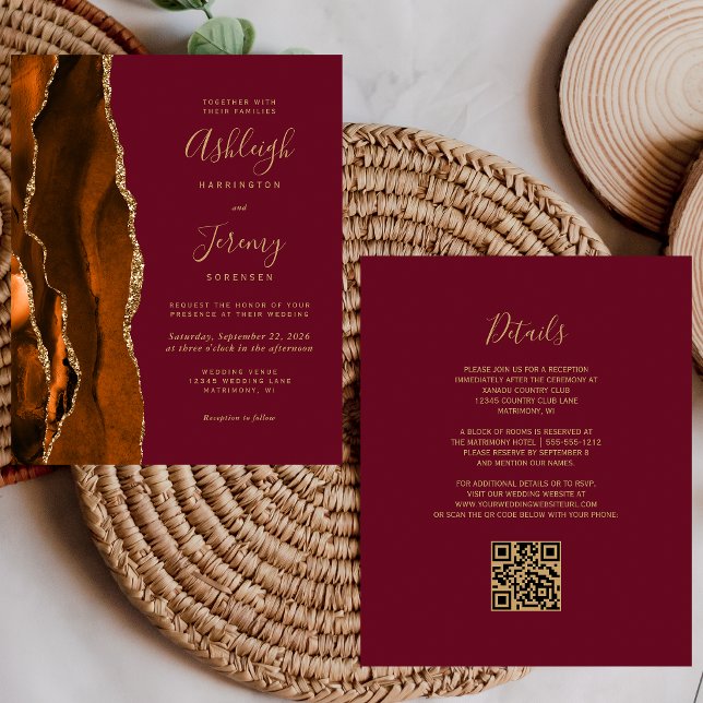 Lámina Invitación de boda con código QR Burgundy Rust Gol (Subido por el creador)