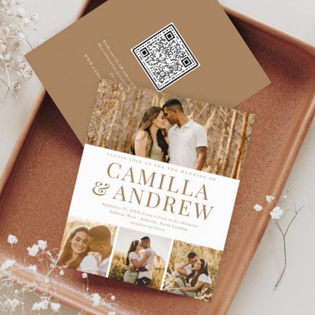 Lámina Invitación de boda con código QR de 4 fotos modern (A modern typography 4 photo wedding invitation with QR Code RSVP on the back.)