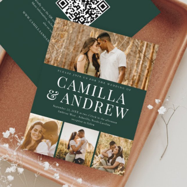 Lámina Invitación de boda con código QR de 4 fotos modern (A modern typography 4 photo green wedding invitation with QR Code RSVP on the back.)