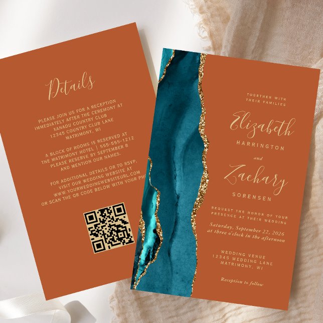Lámina Invitación de boda con código QR de ágata azul tea (Subido por el creador)