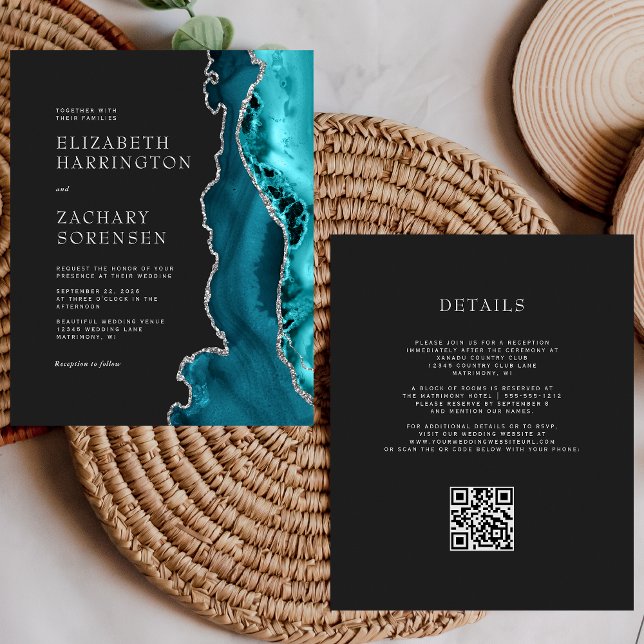 Lámina Invitación de boda con código QR de ágata azul tur (Subido por el creador)