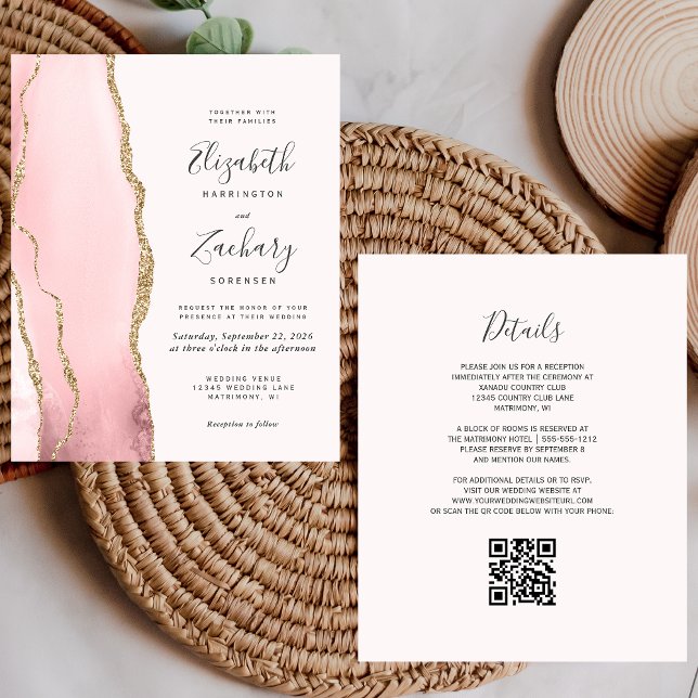Lámina Invitación de boda con código QR de ágata dorada c (Subido por el creador)