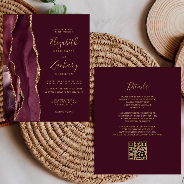 Lámina Invitación de boda con código QR de ágata dorada d (Subido por el creador)