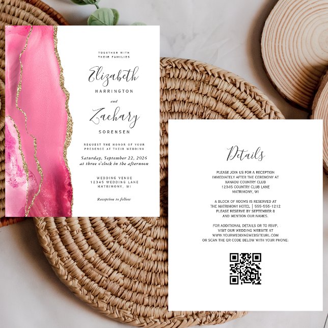Lámina Invitación de boda con código QR de ágata dorada r (Subido por el creador)