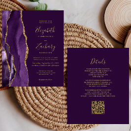 Lámina Invitación de boda con código QR de ágata dorada y