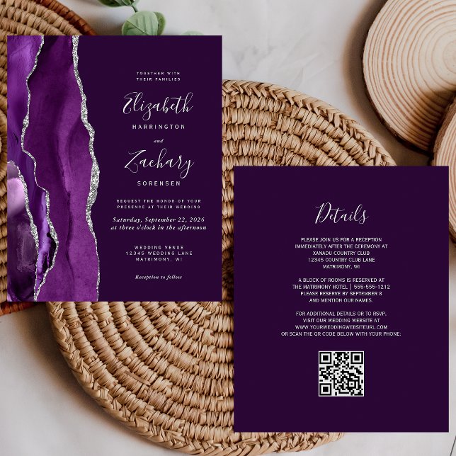 Lámina Invitación de boda con código QR de ágata plateada (Subido por el creador)