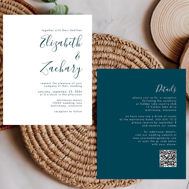 Lámina Invitación de boda con código QR de guión azul tea (Subido por el creador)