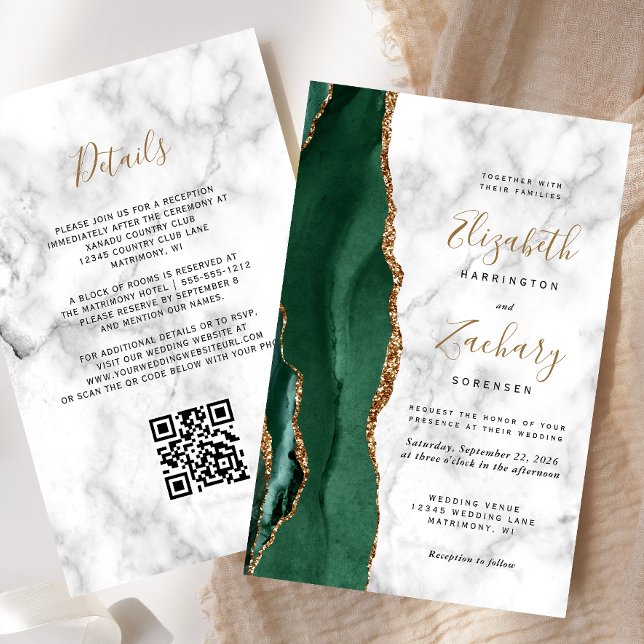 Lámina Invitación de boda con código QR de mármol verde e (Subido por el creador)