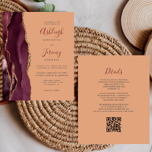 Lámina Invitación de boda con código QR de melocotón dora