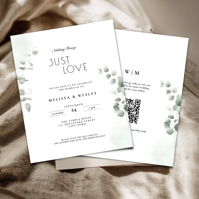 Lámina Invitación de boda con código QR de tendencia de v (Nothing fancy just love wedding invitation with greenery eucalyptus details.)