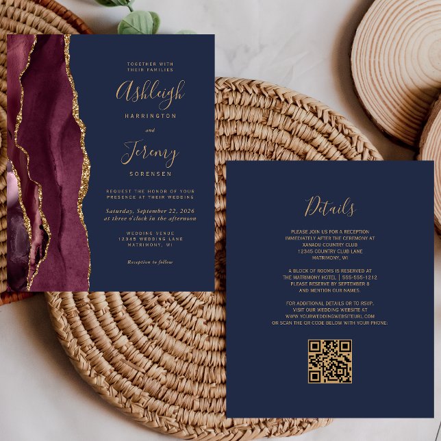 Lámina Invitación de Boda con Código QR Dorado, Burgundy  (Subido por el creador)