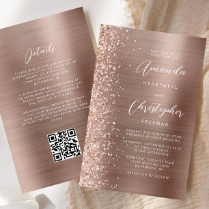 Lámina Invitación de boda con código QR dorado rosa econó