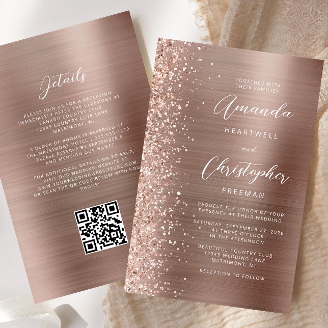 Lámina Invitación de boda con código QR dorado rosa econó (Subido por el creador)
