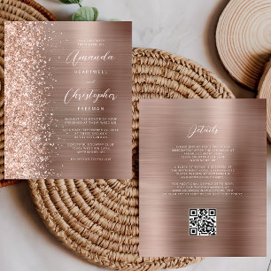 Lámina Invitación de boda con código QR dorado rosa econó