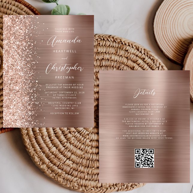 Lámina Invitación de boda con código QR dorado rosa econó (Subido por el creador)