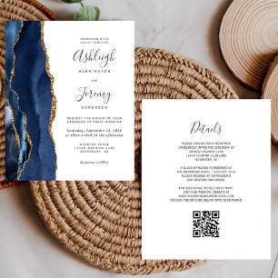 Lámina Invitación de boda con código QR dorado y azul mar