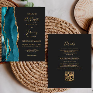 Lámina Invitación de boda con código QR dorado y azul teñ