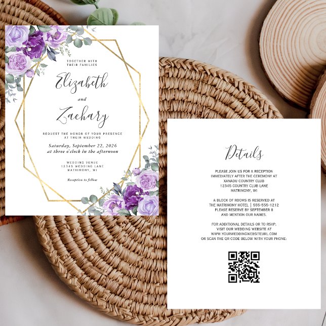 Lámina Invitación de boda con código QR dorado y flores m (Subido por el creador)