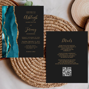 Lámina Invitación de boda con código QR dorado y turquesa