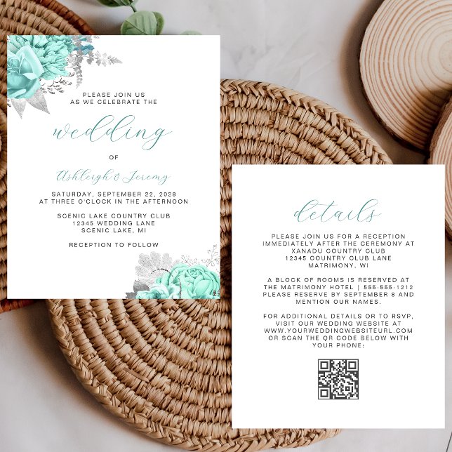 Lámina Invitación de boda con código QR floral acuática p (Subido por el creador)