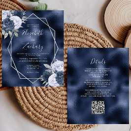 Lámina Invitación de boda con código QR floral azul polvo