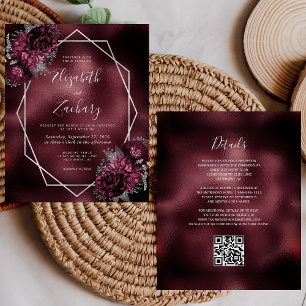 Lámina Invitación de boda con código QR floral de plata c