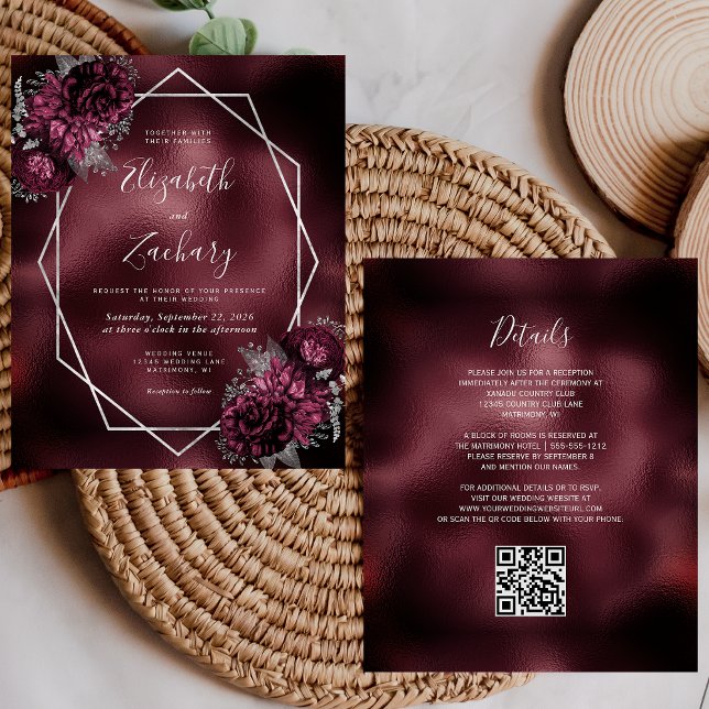 Lámina Invitación de boda con código QR floral de plata c (Subido por el creador)
