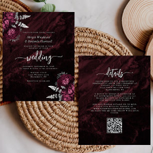 Lámina Invitación de boda con código QR floral de plata d