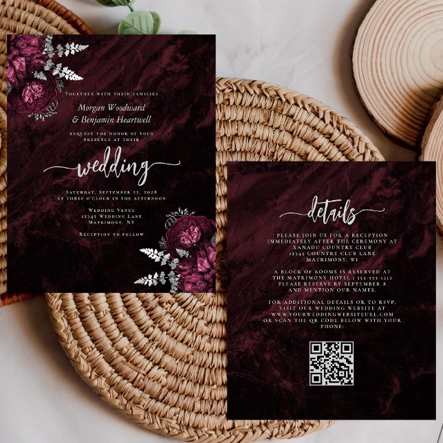 Lámina Invitación de boda con código QR floral de plata d (Subido por el creador)