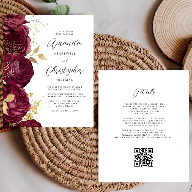 Lámina Invitación de boda con código QR floral dorado de  (Subido por el creador)