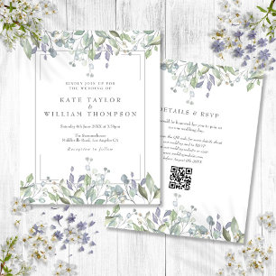 Lámina Invitación de boda con código QR floral lila econó