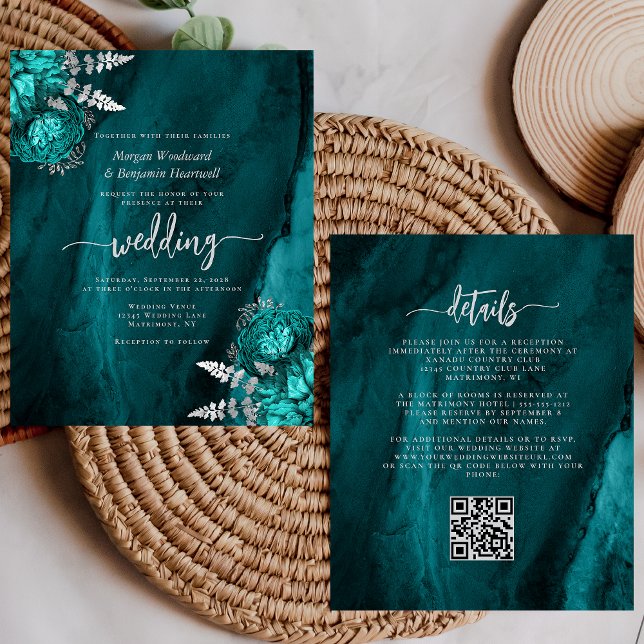 Lámina Invitación de boda con código QR floral plateado a (Subido por el creador)
