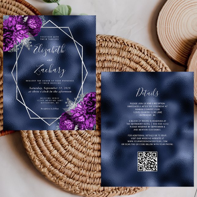 Lámina Invitación de boda con código QR floral púrpura pl (Subido por el creador)