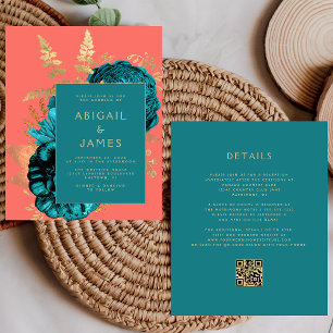 Lámina Invitación de boda con código QR floral teal dorad