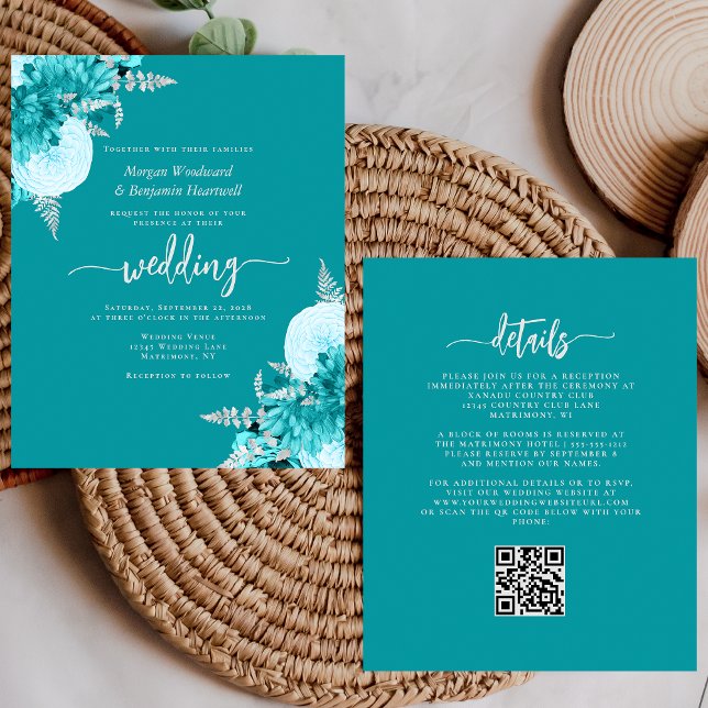 Lámina Invitación de Boda con Código QR Floral Turquesa P (Subido por el creador)