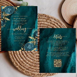 Lámina Invitación de Boda con Código QR Floral Verde Turq