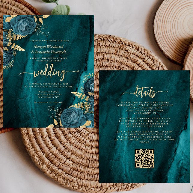 Lámina Invitación de Boda con Código QR Floral Verde Turq (Subido por el creador)