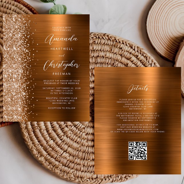 Lámina Invitación de boda con código QR Glam de cobre eco (Subido por el creador)