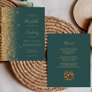 Lámina Invitación de Boda con Código QR Glitter Verde Dor