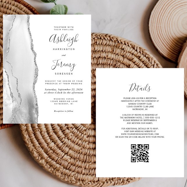 Lámina Invitación de boda con código QR gris plateado eco (Subido por el creador)