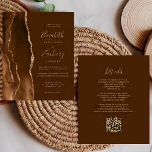 Lámina Invitación de boda con código QR marrón agata dora